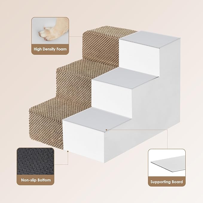 EHEYCIGA Dog Stairs for Small Dogs 13.5" H, 3-Step Dog Steps for Couch Sofa and Chair, Pet Steps for Medium Cats, Non-Slip Balanced Pet Ramp Indoor, Camel-PawvioPets