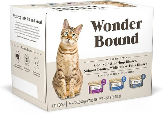 Amazon Brand - Wonder Bound Wet Cat Food, Pate, No Added Grain, Variety Pack (Cod, Sole & Shrimp, Salmon, White Fish & Tuna), 3 ounce (Pack of 24)-PawvioPets