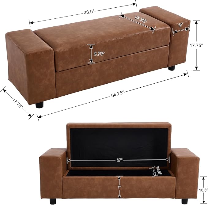 55" End of Bed Storage Bench Ottoman for Bedroom, Faux Leather Upholstered Entryway Bench Long Window Seating for Corner/Living Room/Recption Room/Office/Shop, Brown-PawvioPets