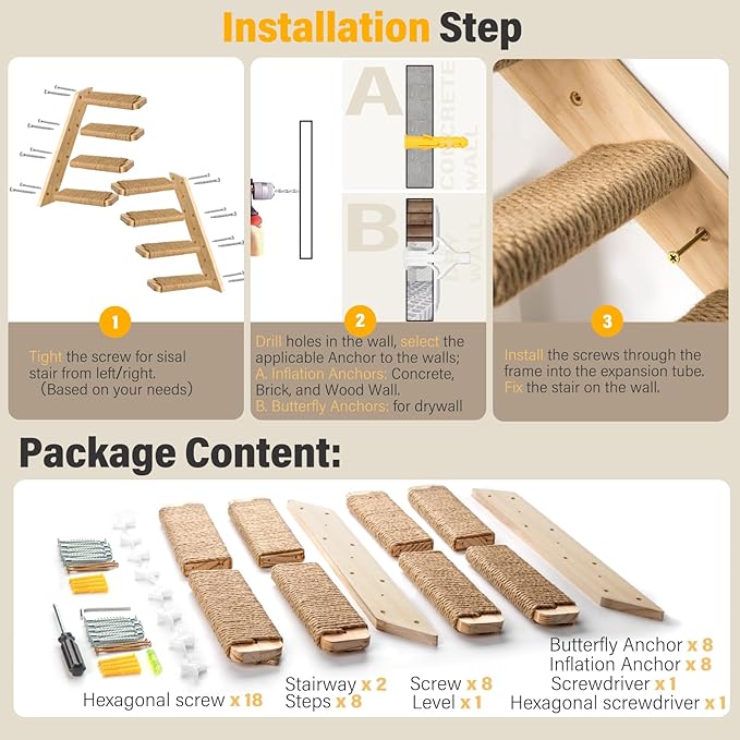 2 Pack 4 Steps Cat Wall Shelves Cat Stairs for Wall with Sisal Rope.Cat Wall Steps/Ladder Furniture ＆ cat Tree Supplies(Catstairs 2Pack-4Steps)-PawvioPets