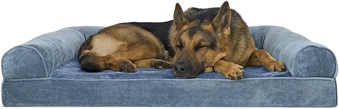 Furhaven Orthopedic Dog Bed for Large Dogs w/ Removable Bolsters & Washable Cover, For Dogs Up to 95 lbs - Faux Fur & Velvet Sofa - Harbor Blue, Jumbo/XL-PawvioPets