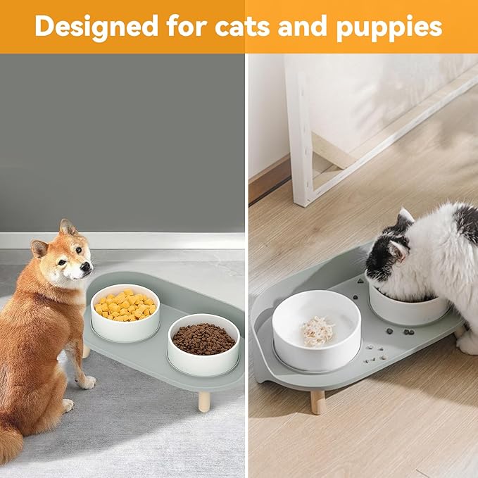 Elevated Dog Bowls Set, Ceramic Pet Food & Water Bowls with Non-Slip Stand, No Spill Design for Cats/Small Medium Dogs Gray-PawvioPets