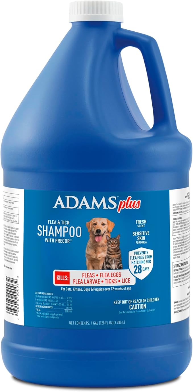 ADAMS Plus Flea & Tick Shampoo with Precor IGR for Cats, Kittens, Dogs & Puppies Over 12 Weeks Of Age, Sensitive Skin Flea Treatment, Kills Adult Fleas, Flea Eggs, Ticks, and Lice, 1 Gallon-PawvioPets