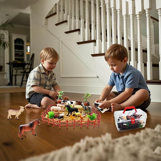 Farm Animal Figurines, Realistic Plastic Animals Toys with Fences Building Blocks, Farm Figures Playset Educational Birthday Gift for Kids & Toddlers, 53 PCS-PawvioPets