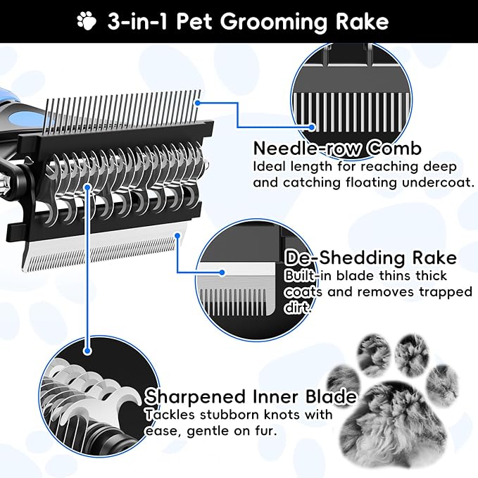 3-in-1 Pet Deshedding Tool – Grooming Brush for Dogs & Cats with Undercoat Rake & Dematting Comb (Blue)-PawvioPets