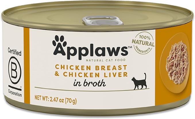 Applaws Natural Wet Cat Food in Broth, Limited Ingredient Canned Wet Cat Food, No Additives, Made with Natural Ingredients, Chicken Breast & Liver in Broth (24 x 2.47oz Cans)-PawvioPets