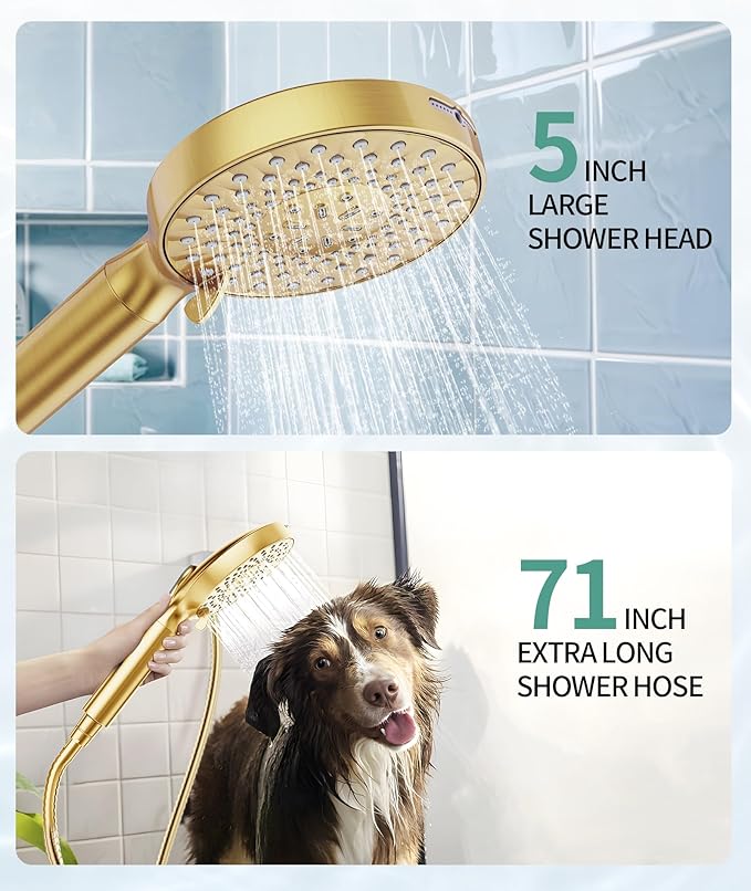 Filtered Shower Head with Handheld, High Pressure 9 Spray Mode Brushed Gold Showerhead with 4 Filters, Detachable Shower Head, Water Softener Filters Beads for Hard Water - Remove Chlorine-PawvioPets
