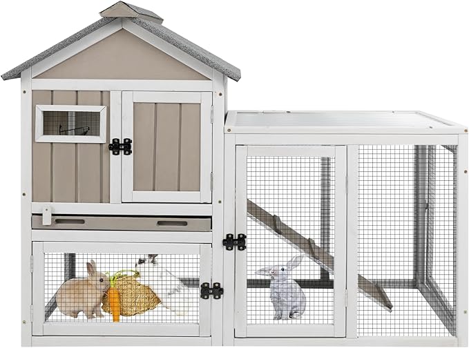 48" L Rabbit Hutch Outdoor Indoor Bunny Hutch Weatherproof, 2-Story Wood Rabbit Cage with Deep Tray, Chew-Resistant Ramp, UV Roof, Bunny House for Small Animal, Expandable Guinea Pig Cage-PawvioPets