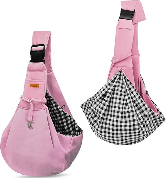 CUBY Dog and Cat Sling Carrier, Hands Free Reversible Pet Papoose Bag, Soft Pouch Adjustable, Suitable for Puppy Cats for Outdoor Travel (Pink, M-Adjustable Strap)-PawvioPets