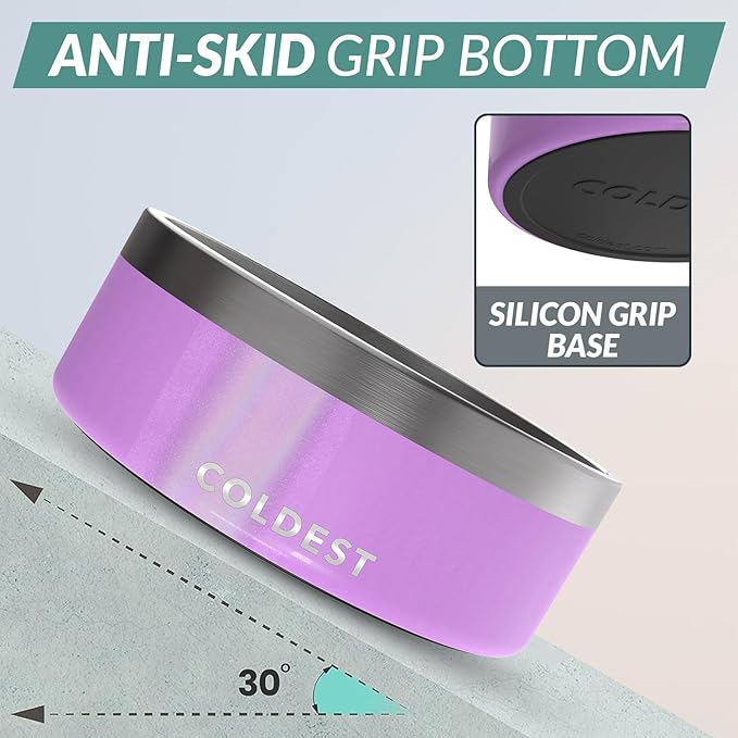 Coldest Dog Bowl - Anti Rust Metal, Non Slip, 3 Layers Insulated Stainless Steel Dog Bowls - Spill Proof & Heavy Duty - Water Bowl for Dogs, Cats, Dish Washer Safe (64 oz, Saturns Purple Glitter)-PawvioPets