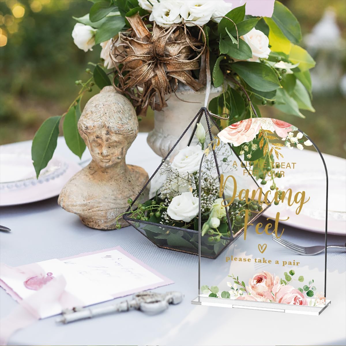 Acrylic Wedding Signs, Bridal Shower Decorations, Dancing Feet Signs for Reception, Modern Calligraphy Arch Acrylic Table Top Sign for Wedding Reception and Engagement Parties (Clear Pink Flowers)