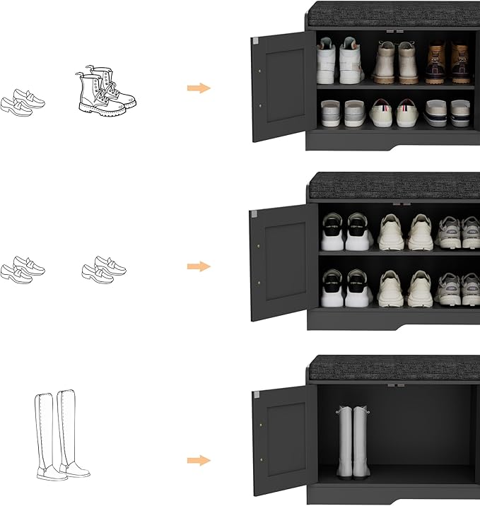 2-Tier Storage Bench, Shoe Bench with Thickened Padded Seat Cushion, Entryway Bench with 4 Doors, Adjustable Shelf, 13.8" D x 45.3" W x 18.5" H, for Entryway, Living Room, Bedroom, Black-PawvioPets