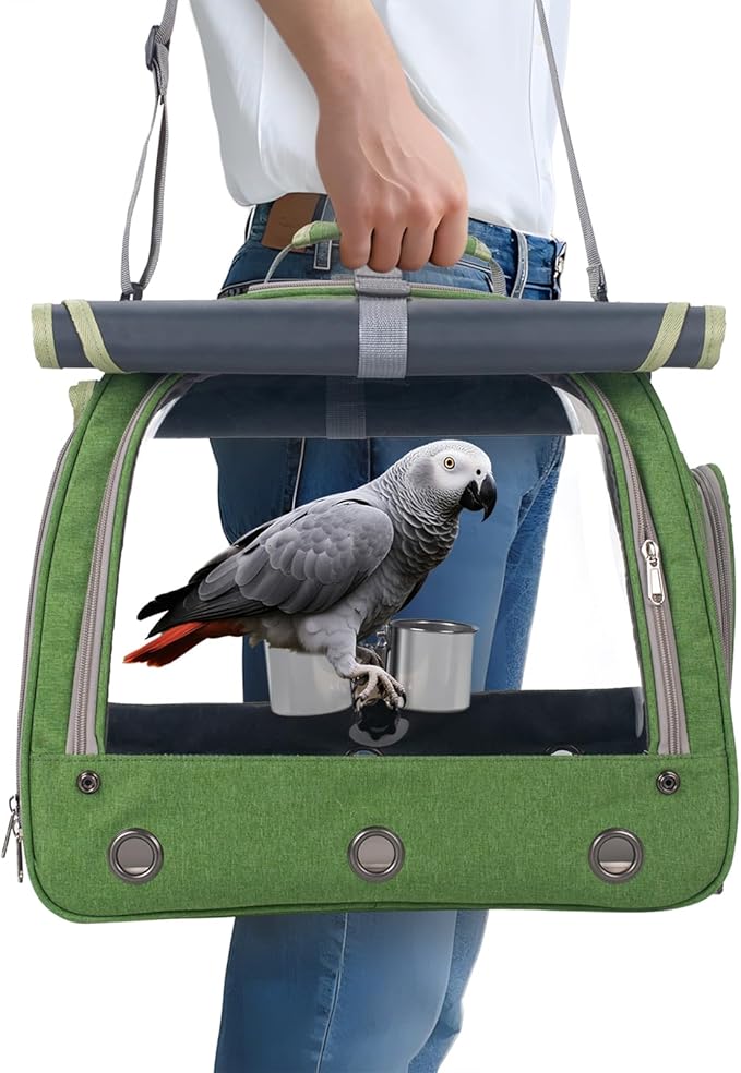 Bird Carrier Parrot Travel Cage with Perch, Food Bowl, Tray and Breathable Clear Window, Bird Travel Bag for African Gray Cockatiel Caique Conure Quaker, for Vetting Camping Hiking (Green)-PawvioPets