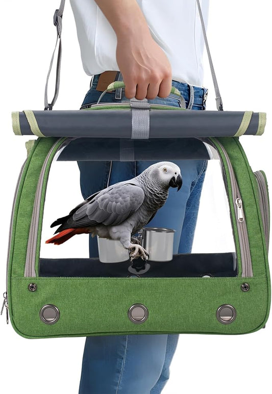 Bird Carrier Parrot Travel Cage with Perch, Food Bowl, Tray and Breathable Clear Window, Bird Travel Bag for African Gray Cockatiel Caique Conure Quaker, for Vetting Camping Hiking (Green)-PawvioPets