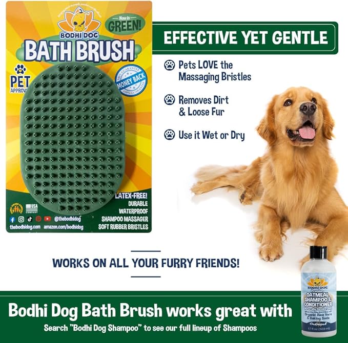 Bodhi Dog Shampoo Brush - Pet Grooming & Bath Supplies for Dogs and Cats - Bath Brush for Long & Short Hair - Premium Scrubber for Shower, Bathing & Massage (One Pack, Dark Green)-PawvioPets