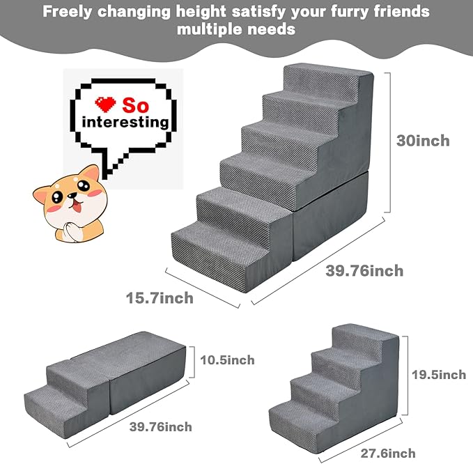 Dog Steps for High Beds 30-32" H - 6-Step Dog Stairs for Small Dogs, 33D Foam Pet Steps for High Bed with Non-Slip Bottom and Washable Cover, Dogs Ramp for Bed Indoor, Grey-PawvioPets