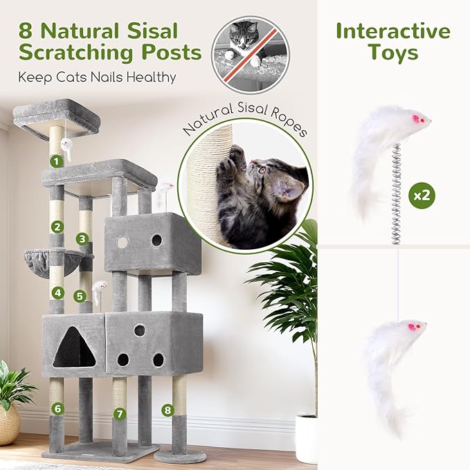 Globlazer Extra Large Cat Tower, 81-inch Tall Cat Tree for Big Cats 20 lbs, XXL Heavy Duty Cat Scratching Tower for Indoor Adult Cats with 3 Cat Condos, 8 Scratching Posts, F81, Light Grey-PawvioPets