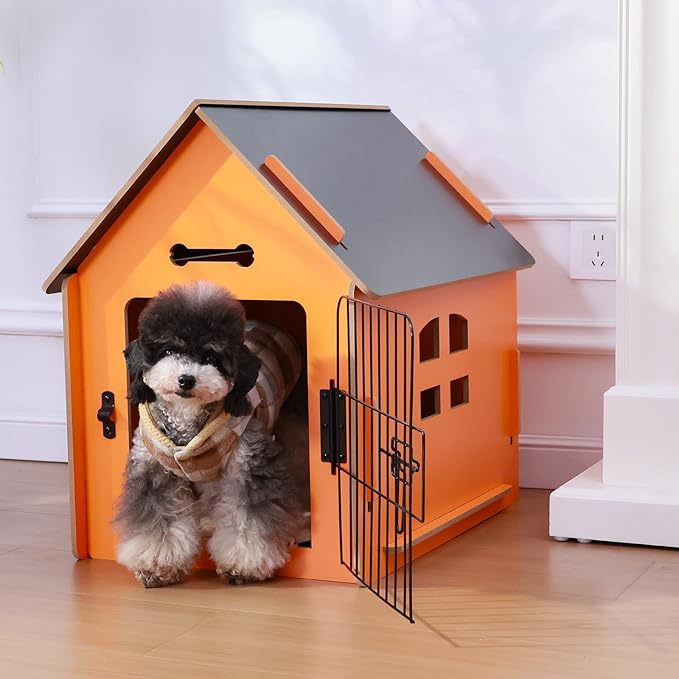 Dog House Indoor for Small Dogs or Cats, Cozy Wooden Design, Small Indoor Bed House, with Air Vents and Elevated Floor Warm Dog Cave (Orange)-PawvioPets