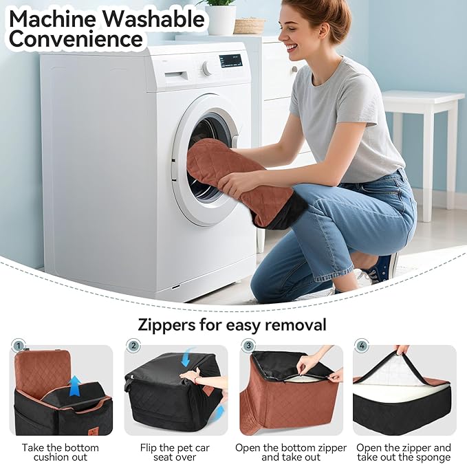 Dog Car Seat for Small/Medium Dogs Under 35lbs,Memory Foam Dog Booster Seats,Detachable and Washable Traval Pet Car Seat, Dogs Bed with 2 Safety Belts(Balck/Brown)-PawvioPets