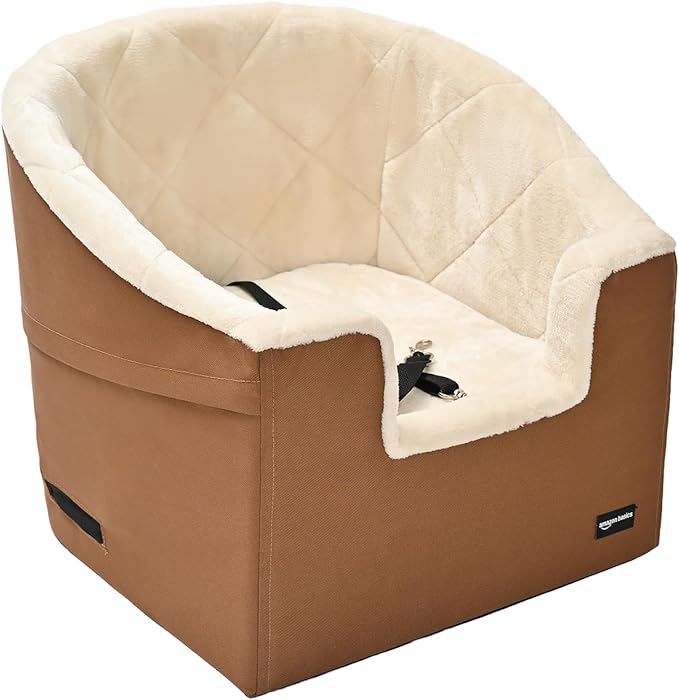 Amazon Basics Pet Car Booster Bucket Seat for Small Pets up to 25lbs, Machine Washable Cover, Clip-On Safety Leash, 18" x 18" x 16", Tan-PawvioPets