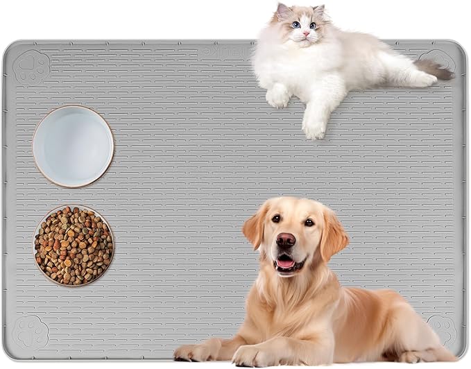Cat Food Mat, 40" x 28" Extra Large Silicone Pet Feeding Mat with Raised Edge Pet Placemat for Food and Water Bowl Non-Slip, Easy to Clean, Floor Protection (Grey)-PawvioPets