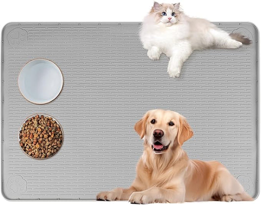 Cat Food Mat, 40" x 28" Extra Large Silicone Pet Feeding Mat with Raised Edge Pet Placemat for Food and Water Bowl Non-Slip, Easy to Clean, Floor Protection (Grey)-PawvioPets