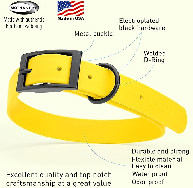 Dogline Biothane Waterproof Dog Collar Strong Coated Nylon Webbing with Black Hardware Odor- Proof for Easy Care Easy to Clean High Performance Fits Small Medium or Large Dogs, Lemon Yellow-PawvioPets