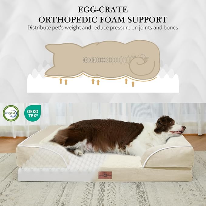 Comfort Expression Orthopedic Jumbo Dog Beds Waterproof, Extra Large Dog Beds Jumbo Breed, PV Washable Pet Sofa Couch with Removable Cover & Non-Slip Bottom(Beige)-PawvioPets