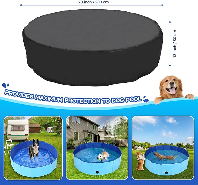 79 inch Dog Pool Cover, Portable Round Collapsible Bathing Tub Kiddie Pool Cover with Oxford Cloth Material and Drawstring Design, Waterproof and Dustproof (Black) - Only Cover…-PawvioPets