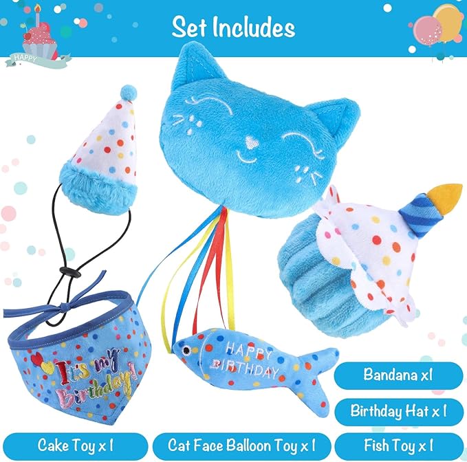 BINGPET Cat Birthday Catnip Toys for Indoor Cats,Cat Birthday Hat,Bandana and Cat Birthday Cake Interactive Plush Kitten Chew Toys,Cute Fish,Balloon Toys with Crinkle Paper and Catnip Inside(Sky Blue)-PawvioPets