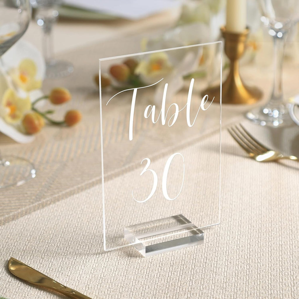 UNIQOOO Acrylic Wedding Table Number 1-30 with Stands | 4x6 inch Printed Calligraphy, Sign and Holder | Perfect for Wedding, Reception, Centerpiece Decoration, Event, Party