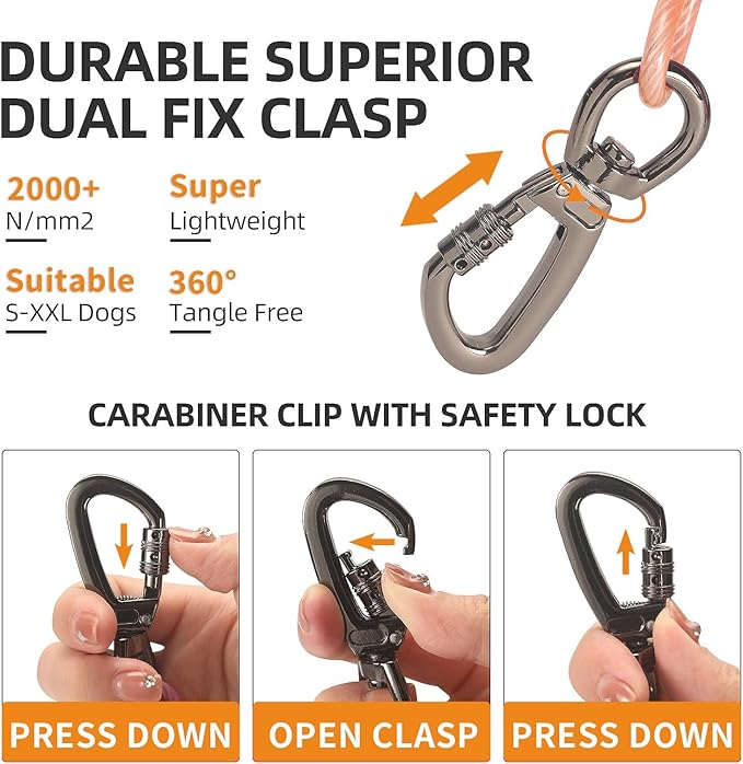 Dog tie Out Cable, 10/20/25/30/50/70/100 feet, Suitable for Dogs up to 350 pounds, Dog Cable with Swivel Buckle, Lightweight, Non-Winding, for Outdoor Camping, Yard Dog Cable (Orange, 20FT)-PawvioPets