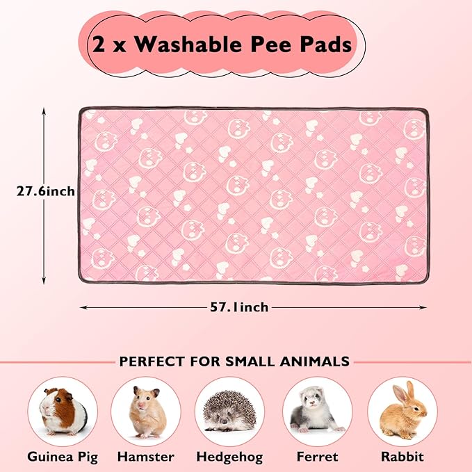 2 Pack Guinea Pig Bedding - Washable Guinea Pig Liners for C&C 2x4 Cage, Waterproof Reusable & Anti Slip Pee Pads Super Absorbent Mats for Small Animals Rabbit Hamster Rat (Pink, 57 x 28 Inch)-PawvioPets