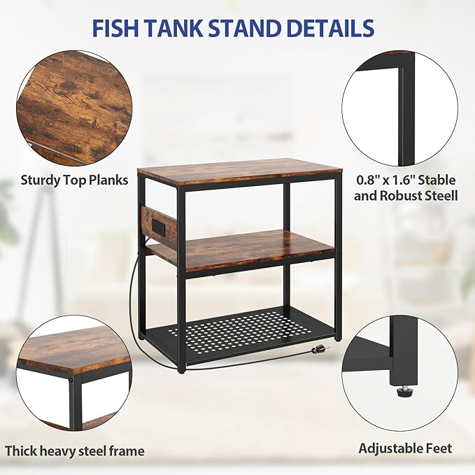 20-29 Gallon Fish Tank Stand With Power Outlets, 3-Tier Metal Aquarium Stands, Breeder Reptile Tank Stand with Shelf for Home Office, 660LBS Capacity, 29.5 x 15.8 x 30.1 inches, Brown-PawvioPets