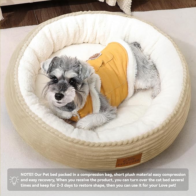 Cat Bed, 20In Dog Beds for Small Dogs, Calming Cat & Dog Beds for Indoor Pets, Pet Beds Comfortable Donut Round Ultra Soft (Camel, 23" L x 23" W x 6.5" Th)-PawvioPets