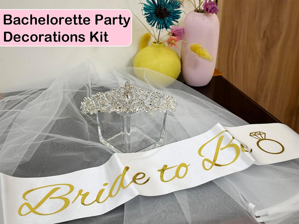 JETKONG 3 Pcs Bachelorette Party Decorations Bridal Shower Crown, Bride to Be Sash&Veil for Women Bachelorette Party Gifts, Bachelorette Party Supplies, Gifts, Favors (Silver)