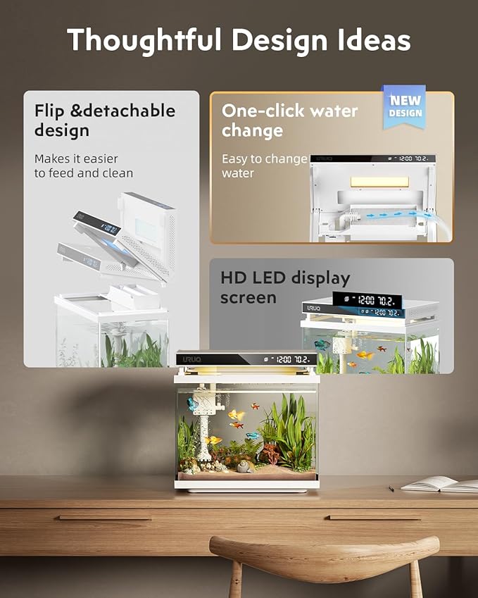 Fish Tank Smart Aquarium Kit: URUQ 2 Gallon Self Cleaning Multi-Layer Filtration System Silent Pump - UHD Glass 7-Color Lighting Temperature Monitoring - Fragrance Diffuser Humidifier White-PawvioPets