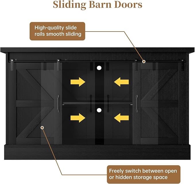 55-75 Gallon Fish Tank Stand with Sliding Barn Doors & Power Outlet, Heavy Duty Aquarium Stand with Cabinet Storage for Fish Tank, Turtle Tank, Reptile Terrarium, 1000LBS Capacity, Black-PawvioPets