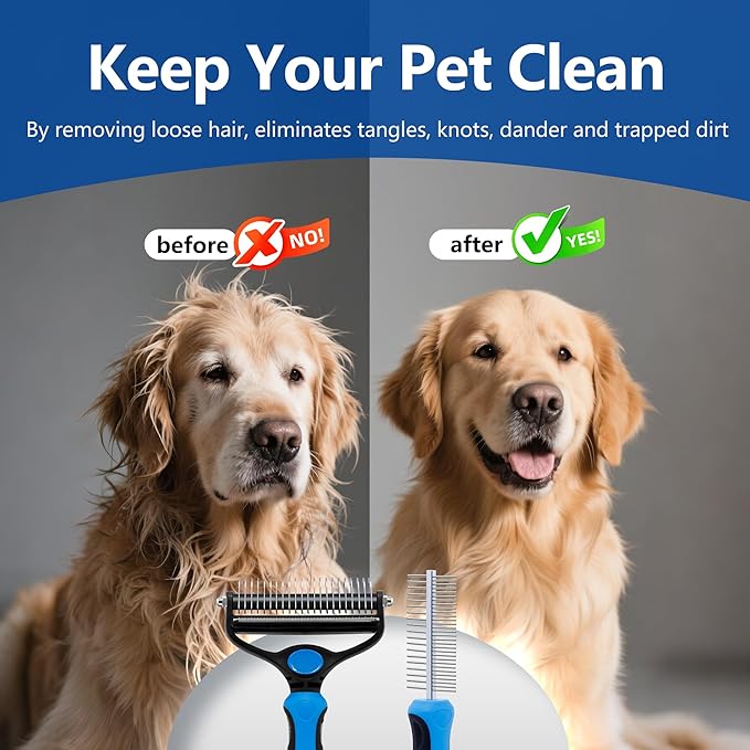 2-in-1 Shedding Brush and Detangling Comb Combo,Stripping Brush for Medium and Large Dogs, Dog and Cat Grooming Comb, 22 Stainless Steel Teeth Remove Tangled Hair, Pet Grooming Tools-large-PawvioPets