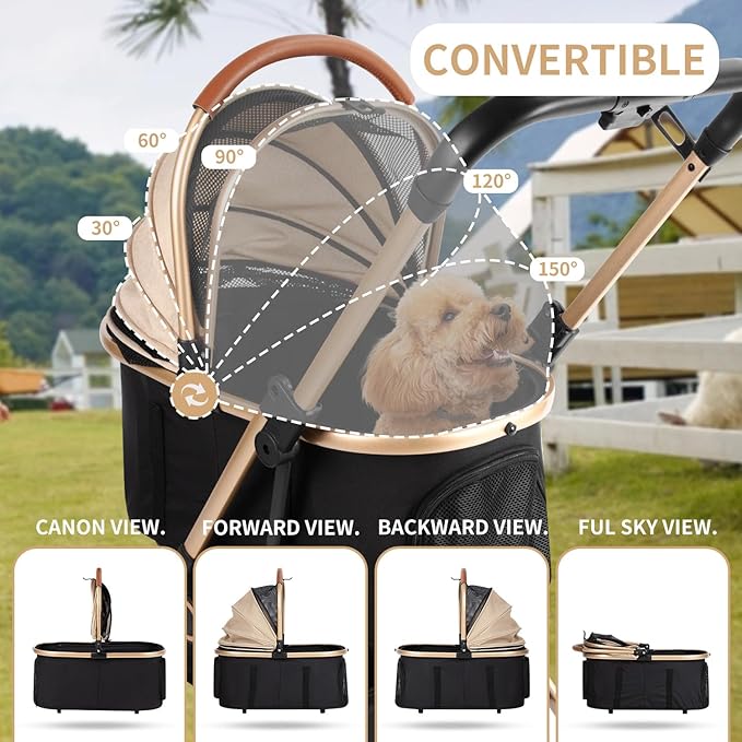 3 in 1 Pet Stroller with 4 Wheels, Foldable Pet Travel Carrier for Small/Medium Dogs Cats up to 50lbs, Detachble Portable Pet Bag, Storage Basket-PawvioPets