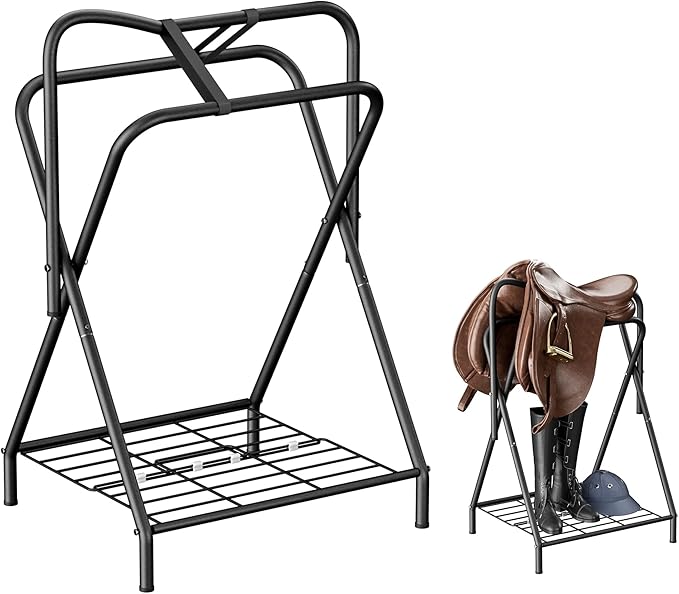 Dunatou Saddle Rack Freestanding Saddle Stand Foldable Horse Saddle Storage Rack Full Size Saddle Pad Rack Horse Blanket Holder Heavy Duty Saddle Holder for English and Western Horse Saddles, Black-PawvioPets