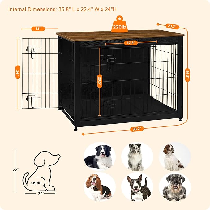 DWANTON Dog Crate Furniture with Cushion, Wooden Kennel Table with Double Doors, Indoor Dog House, Large Size, 38.5" L, Black+Warm Brown-PawvioPets