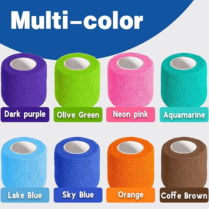 AZEN 8 Pack Self Adhesive Bandage Wrap, 2" X 5 Yards Elastic Cohesive Bandage Wrap, Color Athletic Tape, Vet Wrap, Ankle Tape, Tattoo Grip Tape Wrap-PawvioPets