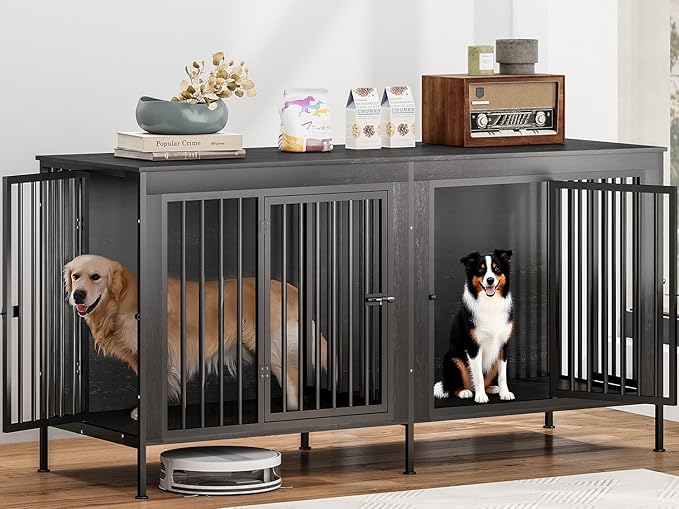 78 Inch Dog Cage Furniture for 2 Large/Medium Dogs with Removable Divider, Extra Large Double Doors Dog Kennel, XXL Thick Wooden Dog cage Furniture, Durable and Sturdy, Dark Grey-PawvioPets