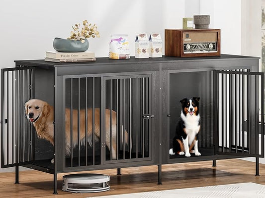 78 Inch Dog Cage Furniture for 2 Large/Medium Dogs with Removable Divider, Extra Large Double Doors Dog Kennel, XXL Thick Wooden Dog cage Furniture, Durable and Sturdy, Dark Grey-PawvioPets