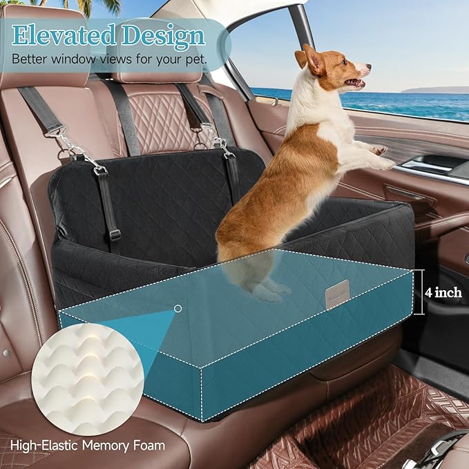 Dog Car Seat for Medium/Large Dogs, Pet Booster Seat for Under 55 lbs or 2 Small Dogs, Detachable & Washable Dog Car Bed for Backseat with 2 Safety Leashes(Black)-PawvioPets
