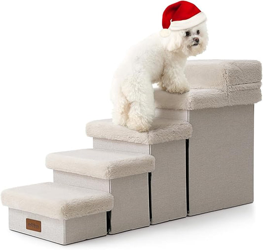 Dog Stair for Small Dogs with Storage, 21" H Foldable Pet Step with Soft Cover, Older Cat Ramp for High Bed or Car, Lightweight, Comfort, 39.7x13x21.2 inch, 5 Tiers, Beige-PawvioPets