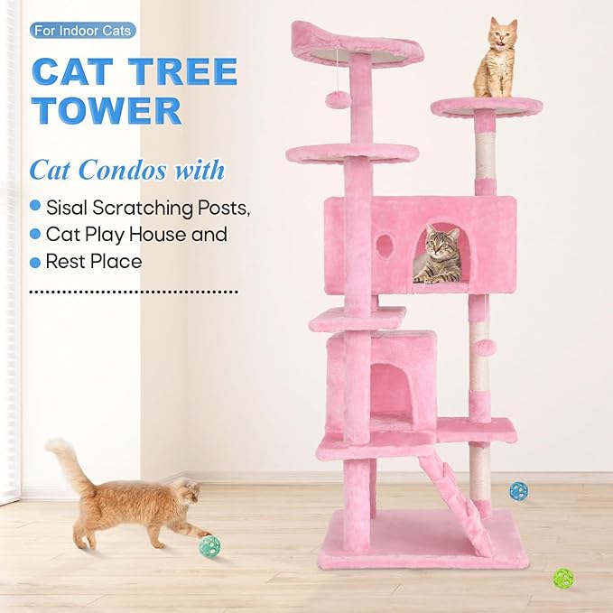 FDW Cat Tree 54in Cat Tower Multi-Level Durable Cat Scratching Post & Cozy Fun Cat Jumping Platform Space Saving Cat Condo Pet Play House for Indoor Cats,Pink-PawvioPets