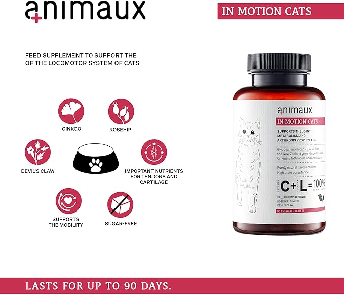 animaux - in Motion Cats, Green-lipped Mussel, Devil's Claw, Rose Hip & Ginkgo, Support for Bones, Joints, Cartilage, tendons, with Hyaluron, Collagen, 90 chewable Tablets, 90 Days Supply-PawvioPets