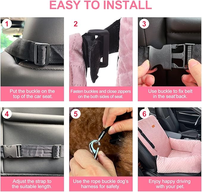 Dog Car Seat for Small Medium Dogs Up to 40lbs, Detachable Washable Soft Pet Booster Travel Bed for Front & Pink Seat with Safety Leash Belt-PawvioPets